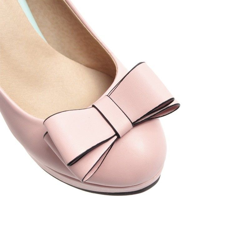 Shallow Bowknot White Thick Heel High Heel Shoes