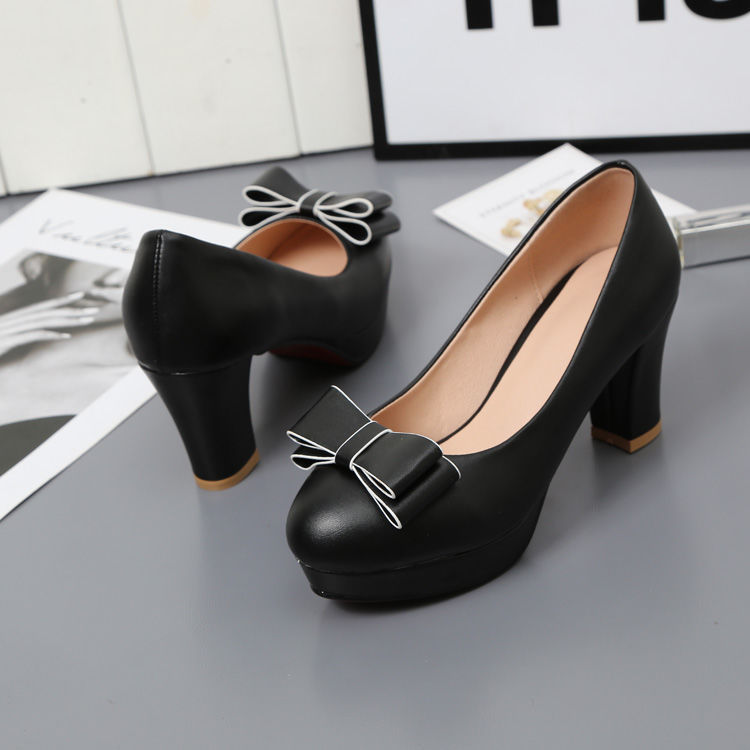 Shallow Bowknot White Thick Heel High Heel Shoes