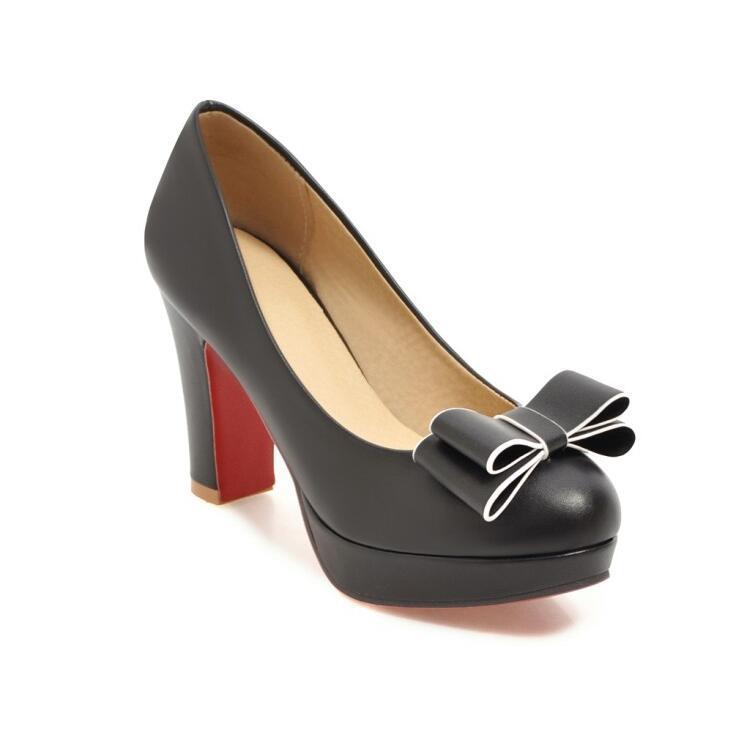 Shallow Bowknot White Thick Heel High Heel Shoes